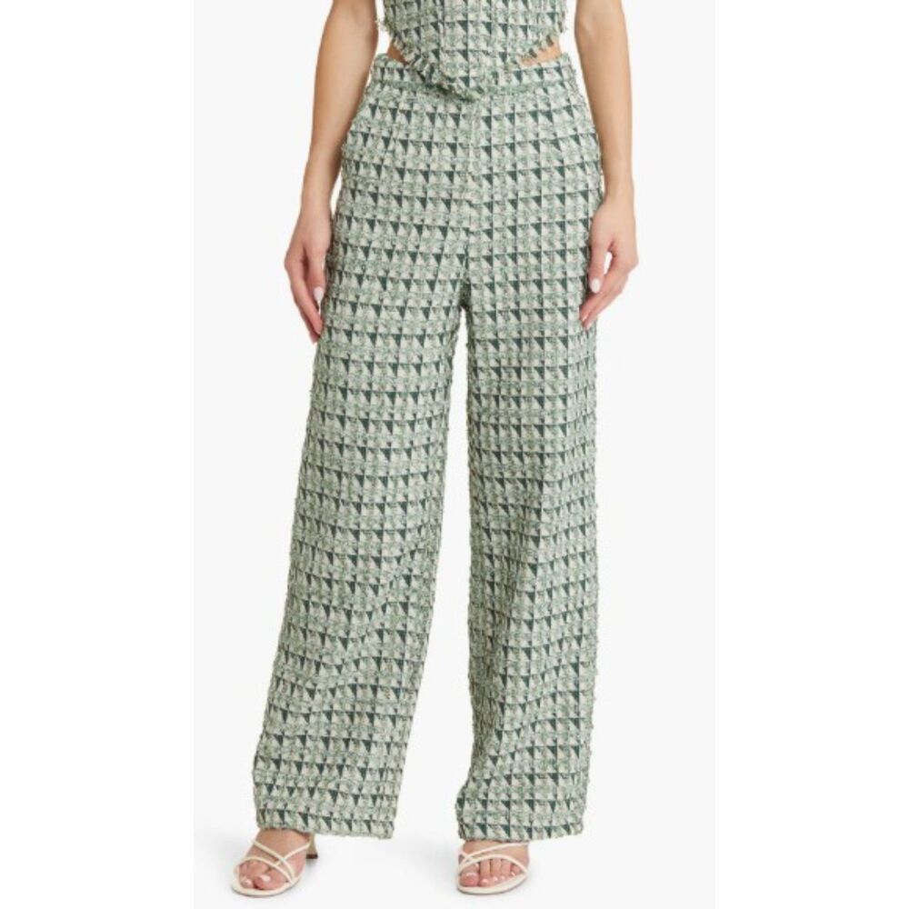 yllw Bryant Jacquard Tweed High Rise Wide Leg Pants in Green Cream & Silver L